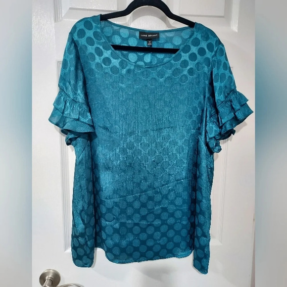 Lane Bryant Dark Turquoise Polka Dot Ruffled Sleeve Blouse in Size 20 - Picture 1 of 9